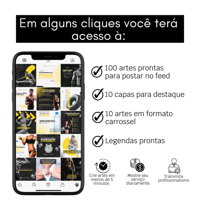 Mockup mostrando pack de templates editáveis no Canva para personal trainer, com 100 artes para feed, 10 capas para destaques, 10 carrosséis e legendas prontas.