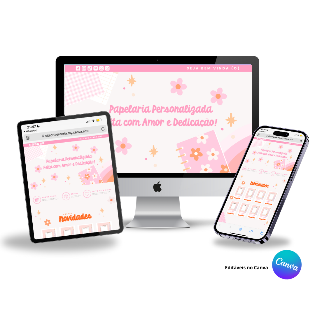 Templates Editáveis no Canva para Site de Papelaria Personalizada