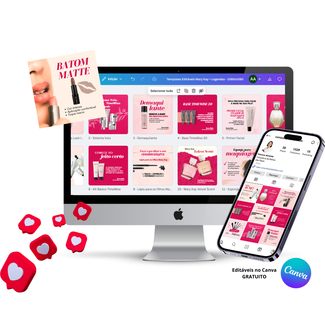 Template editável para post de consultora Mary Kay em tons de rosa com espaço para texto promocional.