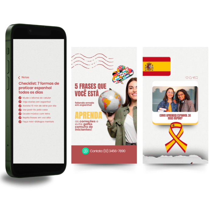 Kit visual com posts prontos no Canva para divulgação de aulas de espanhol