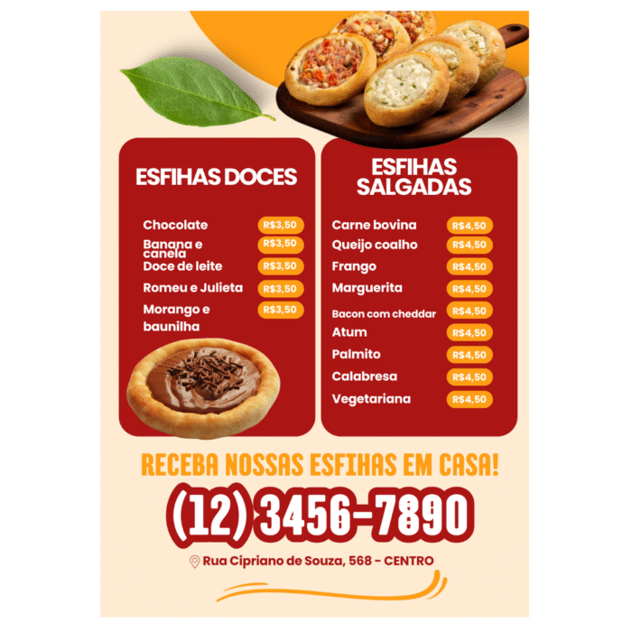 Cardápio editável de esfiharia com lista de sabores doces e salgados e respectivos preços.