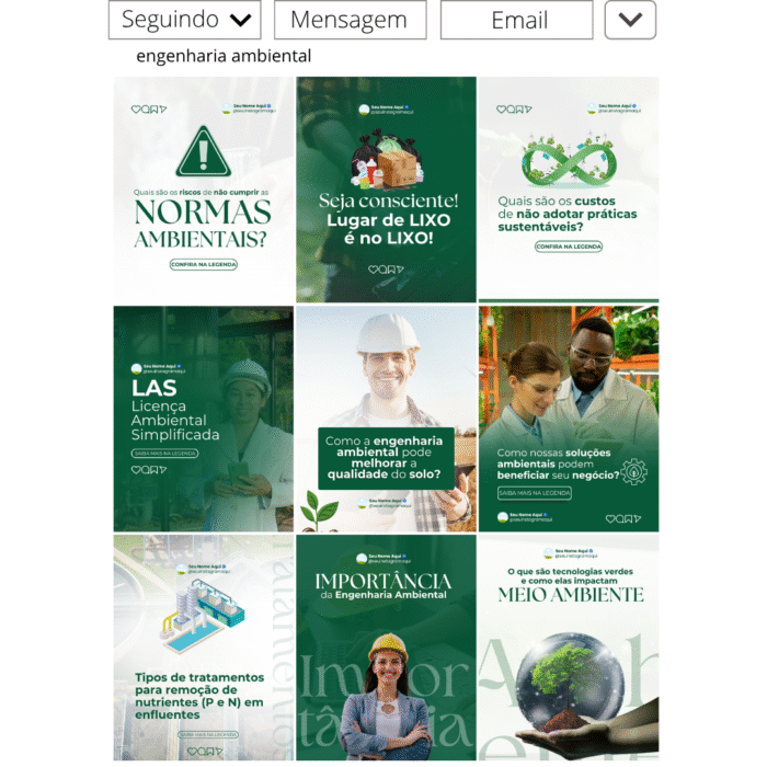 Imagem com visual de feed do Instagram com posts sobre engenharia ambiental, usando templates editáveis no Canva.