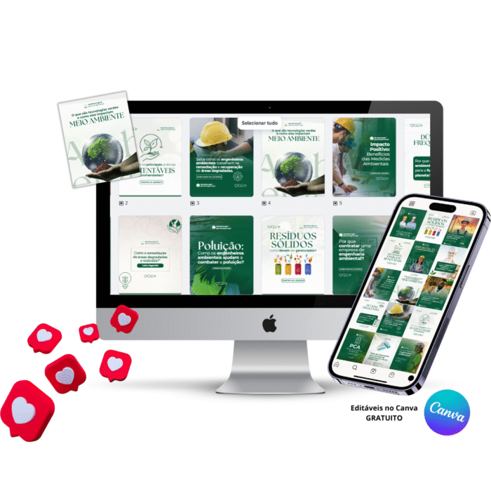 Imagem de templates editáveis no Canva exibidos em um computador e celular, com foco em conteúdos para engenheiros ambientais.