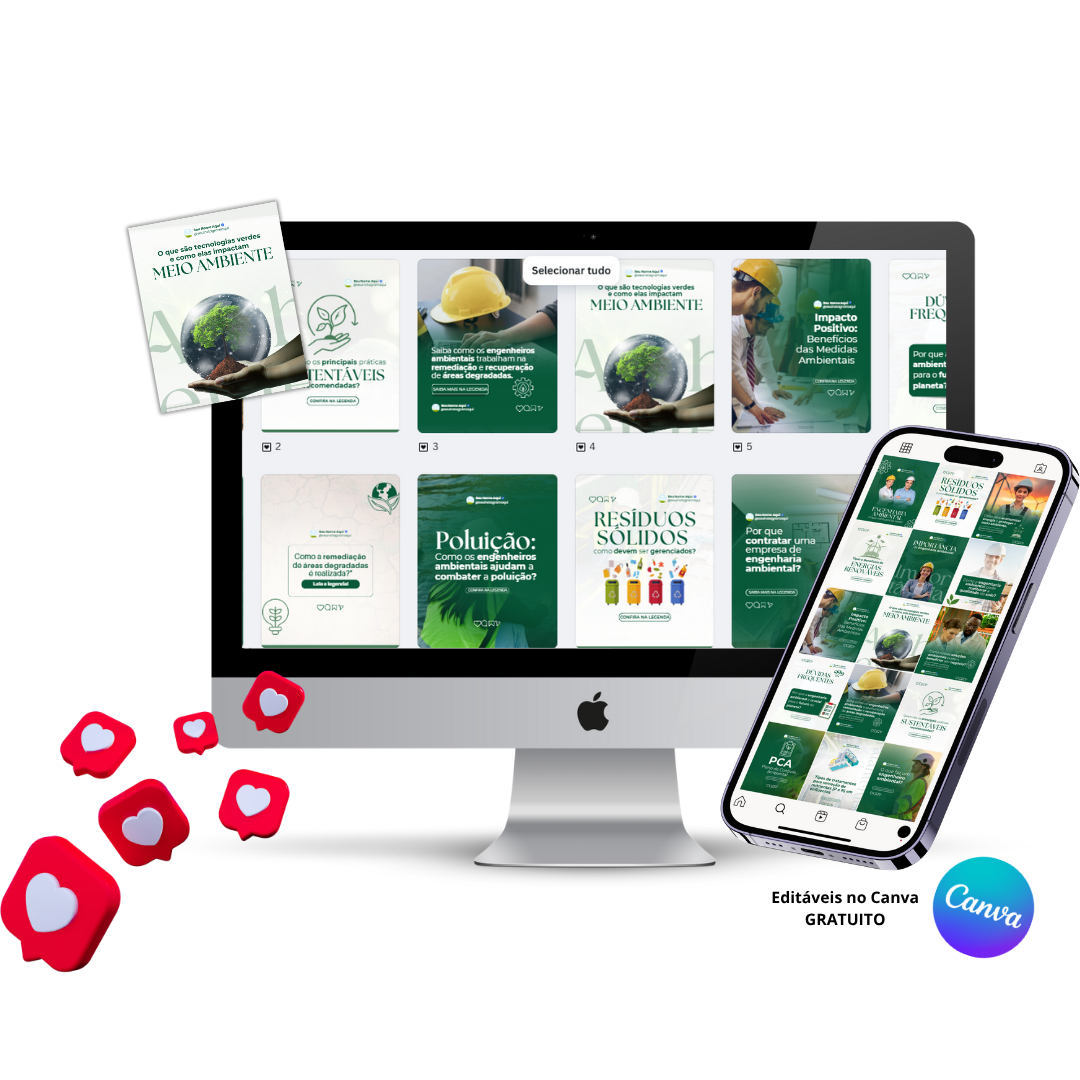 Imagem de templates editáveis no Canva exibidos em um computador e celular, com foco em conteúdos para engenheiros ambientais.