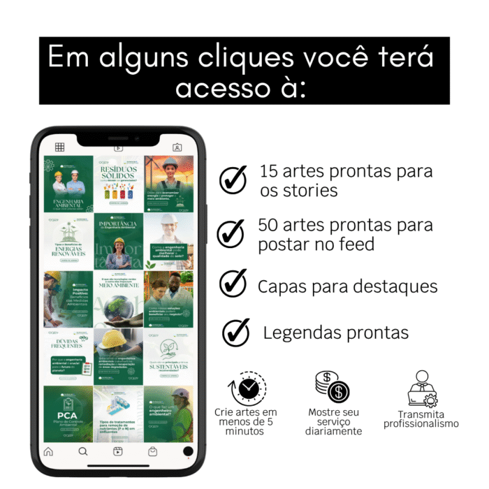 Imagem de celular mostrando posts sobre engenharia ambiental no Instagram, com lista de itens incluídos no pacote de templates editáveis no Canva.