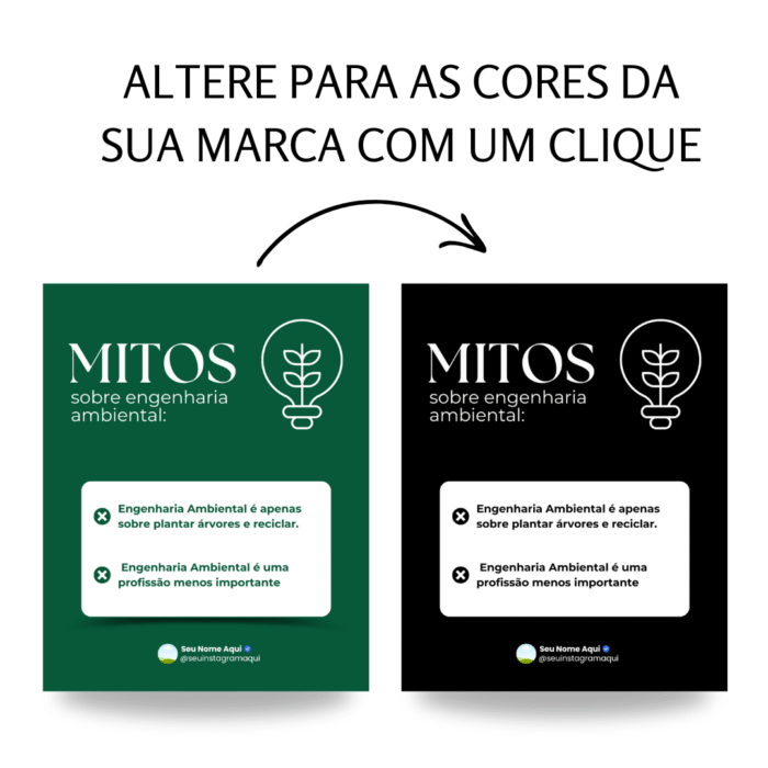 Dois modelos de post sobre mitos da engenharia ambiental com a opção de personalização das cores da marca no Canva.