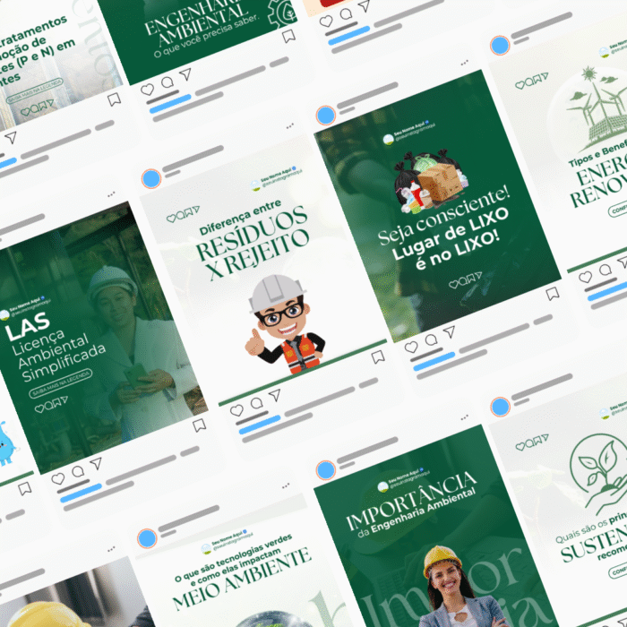 Montagem com vários posts do Instagram sobre engenharia ambiental, com artes editáveis no Canva abordando temas como resíduos, sustentabilidade e licenciamento.
