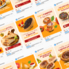 Feed de rede social com artes editáveis para loja de esfiharia, mostrando postagens promocionais e institucionais.