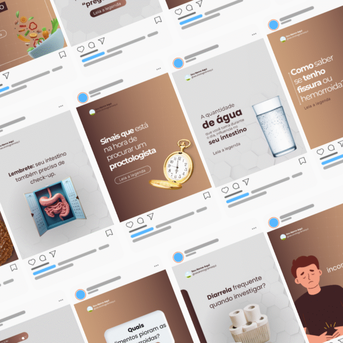 Pack de templates editáveis no Canva para proctologista, com posts educativos sobre saúde intestinal e proctologia em formato para redes sociais.