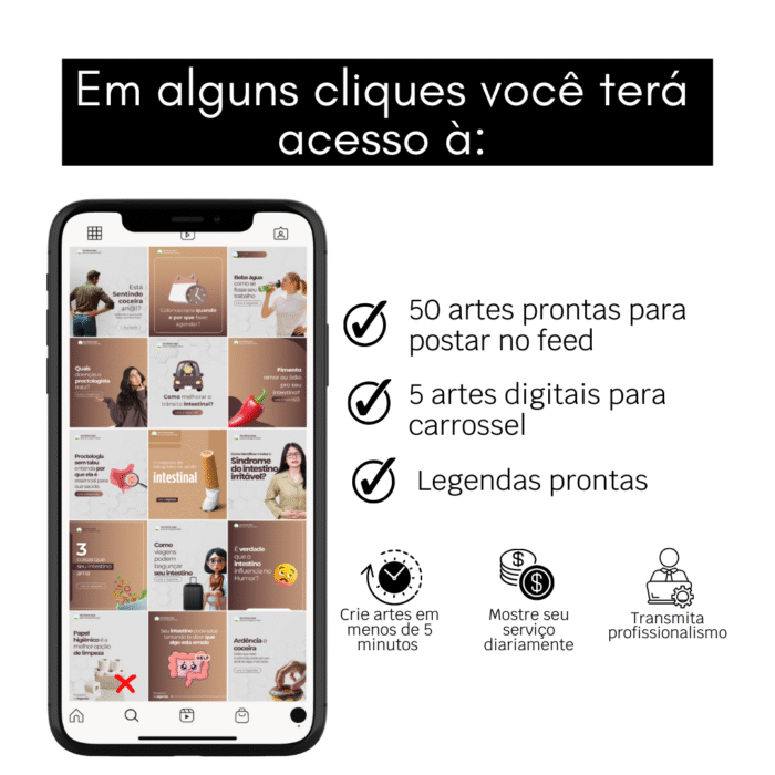 Imagem mostrando pacote de templates editáveis no Canva para proctologista, com 50 artes prontas para feed, 5 para carrossel e legendas prontas.