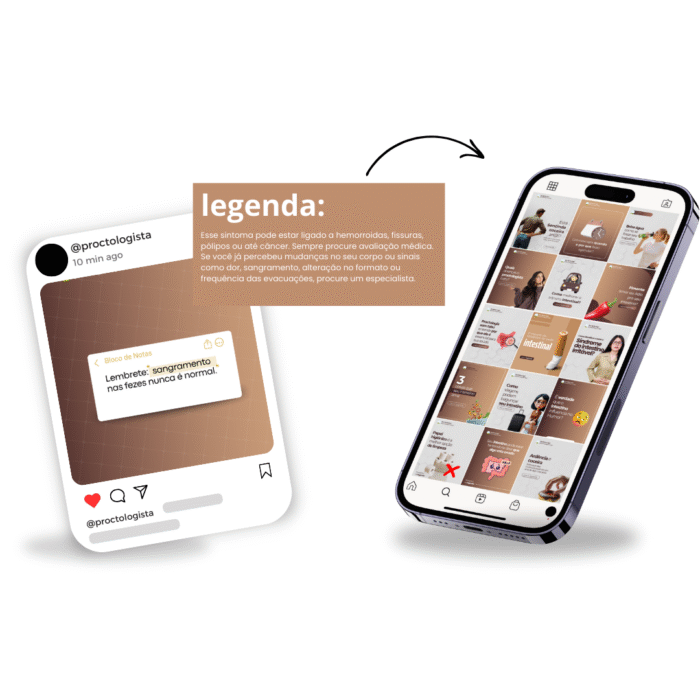 Exemplo de template editável no Canva para proctologista, com arte sobre sangramento nas fezes e celular exibindo feed com posts prontos.