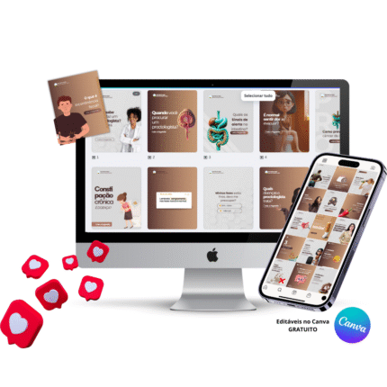 Mockup de templates editáveis no Canva para proctologista, exibidos em computador e celular, com posts educativos e profissionais para redes sociais.