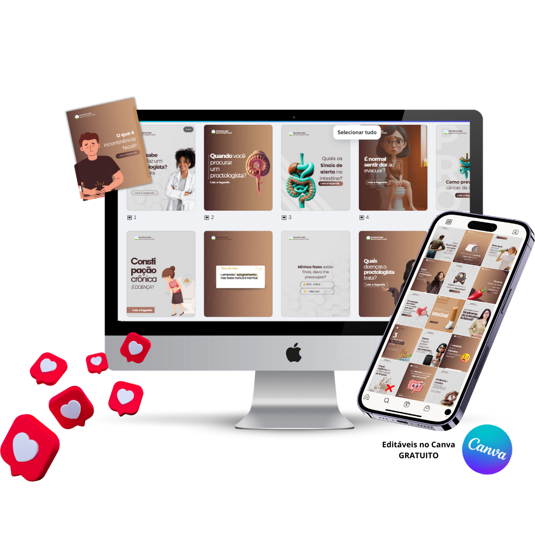 Mockup de templates editáveis no Canva para proctologista, exibidos em computador e celular, com posts educativos e profissionais para redes sociais.