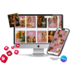 Mockup de templates digitais para redes sociais voltados para enfermagem obstetra. Na tela de computador e celular aparecem artes editáveis no Canva com ilustrações de gestantes, casais e profissionais de saúde, em tons rosados e terrosos, com frases informativas sobre parto, maternidade e cuidados obstétricos.