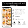 Imagem com celular exibindo templates de esfiharia no feed e lista com itens inclusos: artes para WhatsApp, feed, cardápio e legendas.