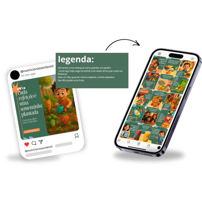 Pack de artes editáveis para nutricionista infantil no Canva, com posts prontos para redes sociais sobre alimentação saudável de crianças.