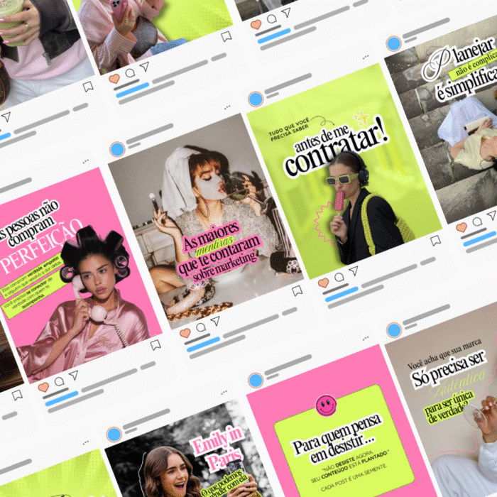 Pack de templates editáveis no Canva para social media exibidos em mockup de posts no Instagram.