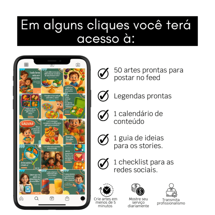 Pack de templates para nutricionista infantil com 50 artes prontas, legendas, calendário de conteúdo, guia de stories e checklist editáveis no Canva.
