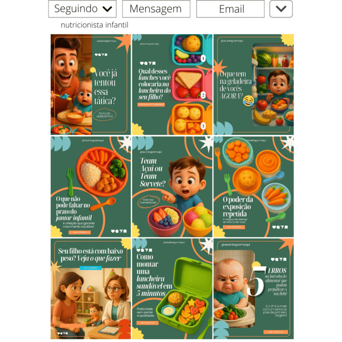 Pack de templates editáveis para nutricionista infantil no Canva com posts sobre alimentação saudável, lancheira e dicas de nutrição.