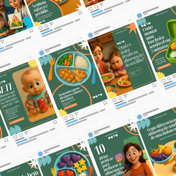 Pacote de templates editáveis no Canva para nutricionista infantil com posts prontos sobre alimentação saudável, lancheiras e nutrição de crianças.