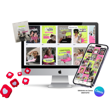 Mockup de templates editáveis no Canva para redes sociais exibidos em computador e celular.