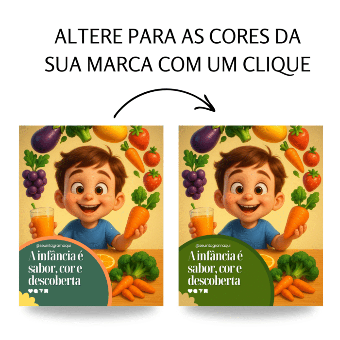 Templates editáveis para nutricionista infantil no Canva com opção de alterar cores da marca em um clique.