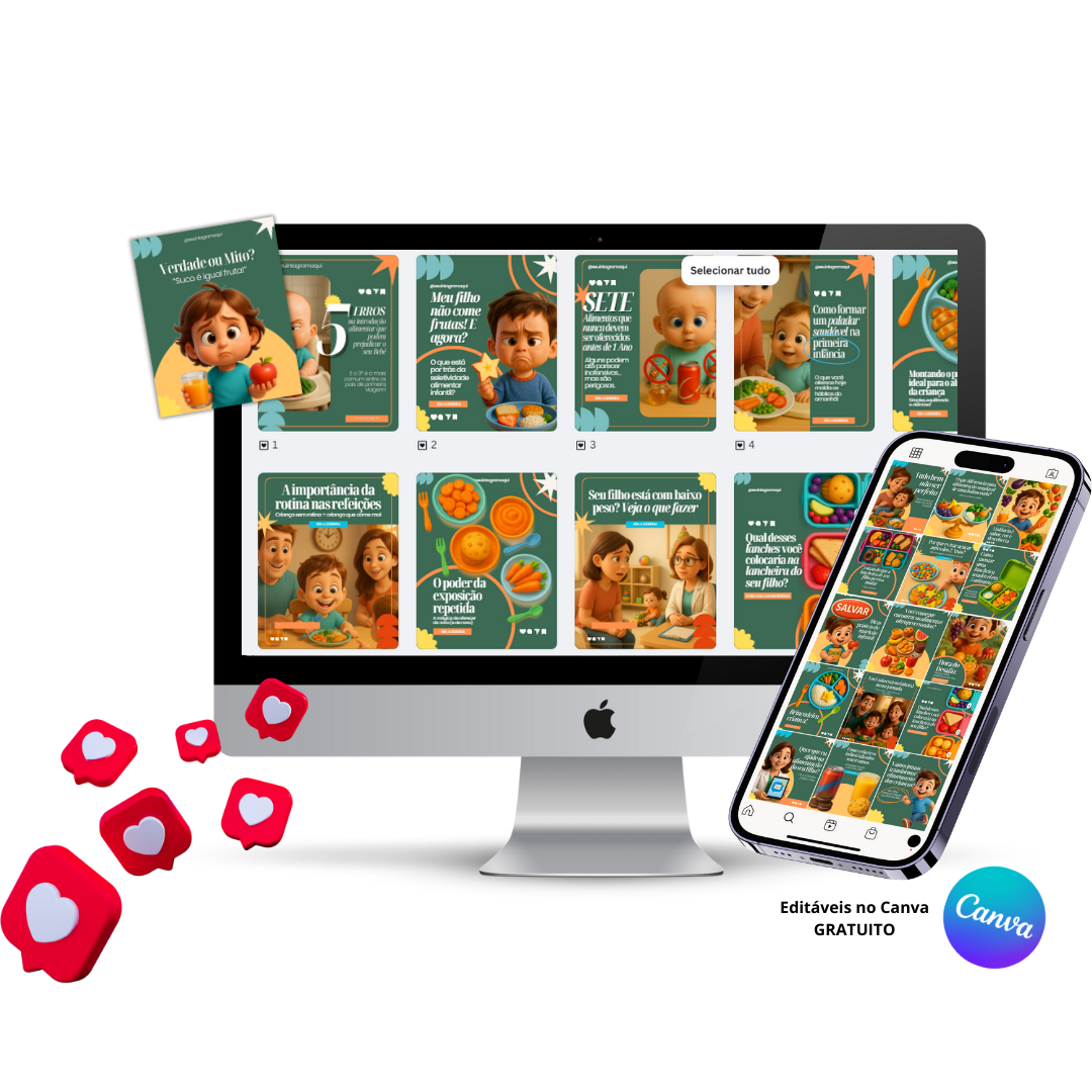 Pack para nutricionista infantil com templates editáveis no Canva para posts sobre alimentação infantil e nutrição.