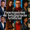 Montagem com profissionais e robôs representando os funcionários de inteligência artificial da Cria e Recria, responsáveis por criar Reels, fotos e conteúdos criativos para empreendedores.