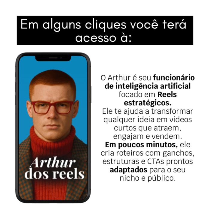 Imagem do Arthur dos Reels, funcionário de inteligência artificial da Cria e Recria, especialista em vídeos curtos e roteiros estratégicos para Reels.