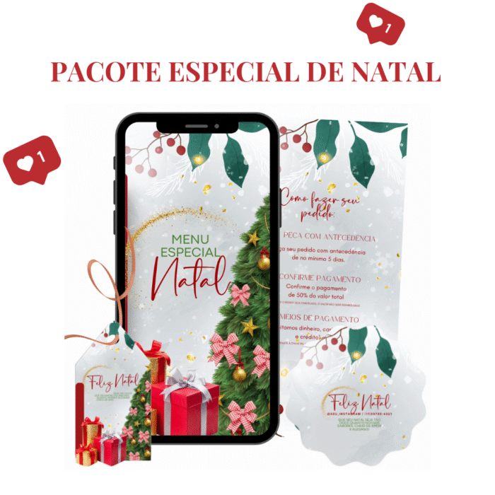 Imagem de cardápio natalino editável no Canva para confeitaria, com design vermelho, dourado e árvore de Natal, exibido em celular e tags decorativas.