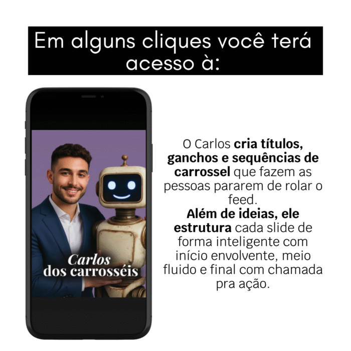 Imagem do Carlos dos Carrosséis, funcionário de inteligência artificial da Cria e Recria, especialista em criar títulos, ganchos e sequências de carrossel para redes sociais.