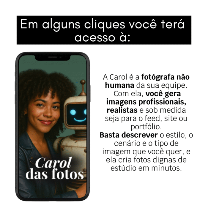 Imagem da Carol das Fotos, funcionária de inteligência artificial da Cria e Recria, especialista em gerar imagens profissionais e realistas sob medida para redes sociais, sites e portfólios.
