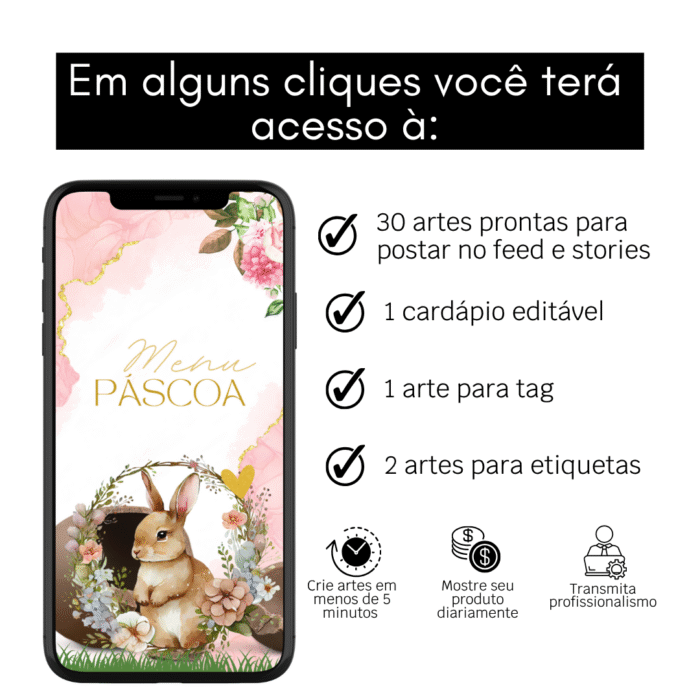 Pack de templates editáveis no Canva para Páscoa com 30 artes prontas para redes sociais, 1 cardápio editável, 1 tag e 2 etiquetas, ideal para confeiteiras que desejam divulgar seus produtos com agilidade e profissionalismo.