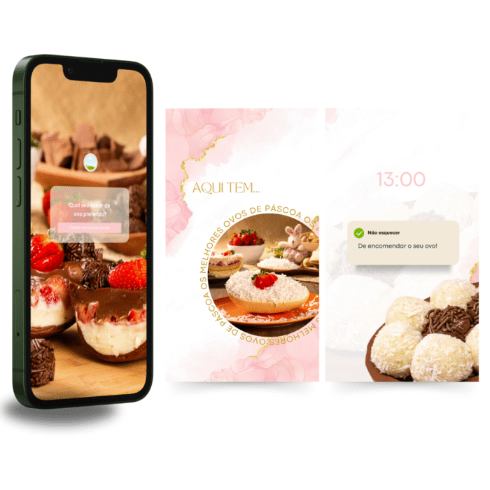 Pack de templates editáveis no Canva para Páscoa com artes para stories e redes sociais, incluindo fotos de ovos de Páscoa gourmet, elementos florais e mensagens de engajamento, ideal para confeiteiras que desejam divulgar seus produtos com beleza e praticidade.