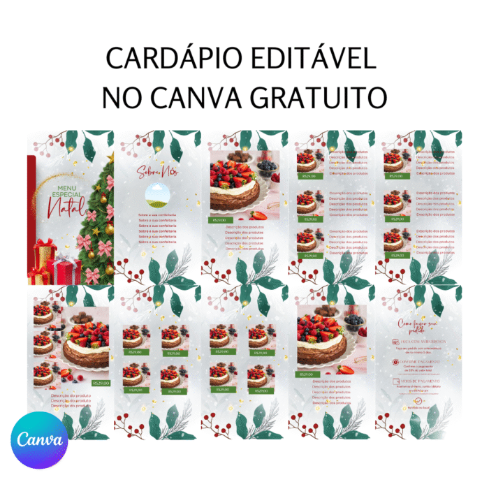 Cardápio natalino editável no Canva gratuito para confeitaria, com layout festivo em vermelho, verde e dourado, árvore de Natal e imagens de sobremesas natalinas. Ideal para confeiteiras que desejam personalizar e divulgar seus produtos de Natal.