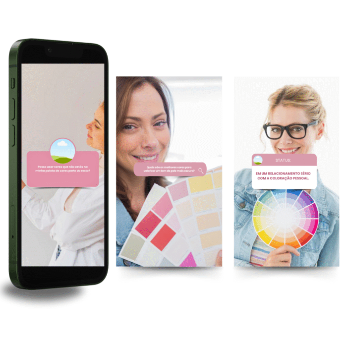 Stories para profissional de coloração pessoal com perguntas interativas sobre paleta de cores e estilo. Templates editáveis no Canva para Instagram.