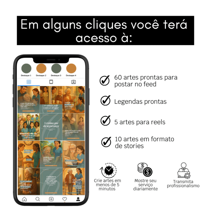 Mockup de celular mostrando pack de templates editáveis no Canva para cuidadores de idosos, com posts, reels e stories prontos.