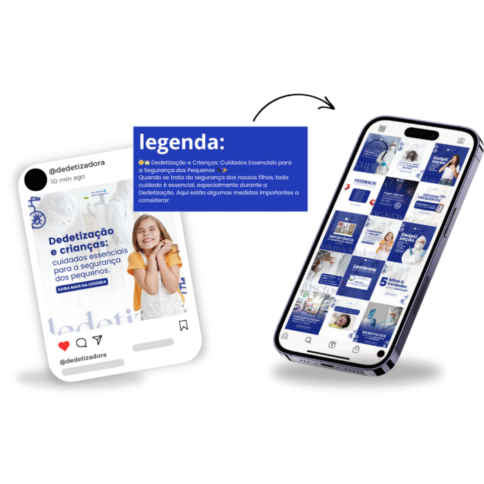 Templates editáveis no Canva para empresa de dedetização, com posts prontos e legendas sobre segurança de crianças, prevenção e cuidados essenciais.