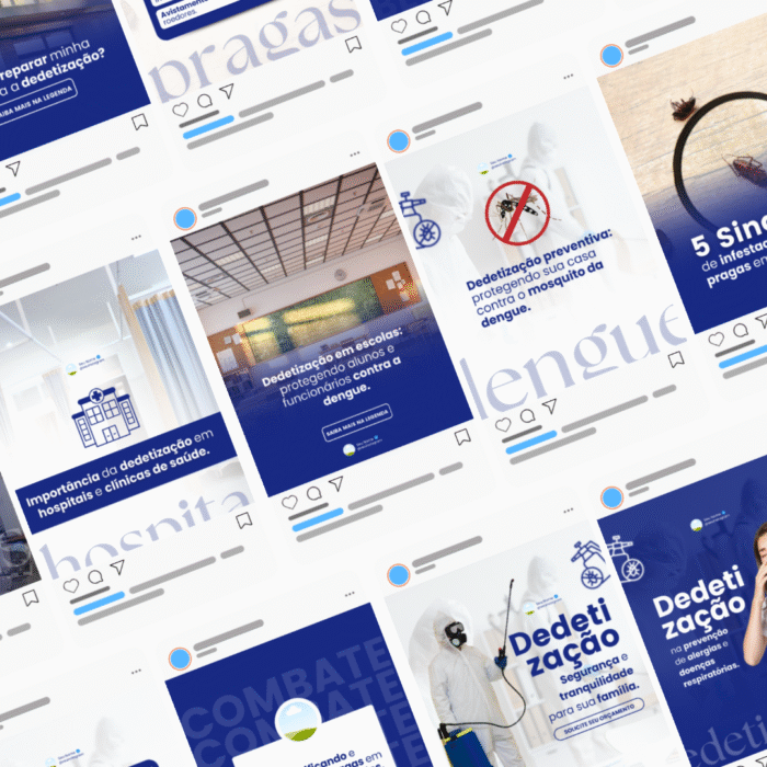 Templates editáveis no Canva para empresa de dedetização, com posts prontos sobre combate a pragas, prevenção da dengue e higienização de ambientes.