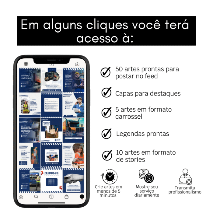 Pack de templates editáveis no Canva para transportadora com posts, stories e legendas prontas sobre transporte e logística.