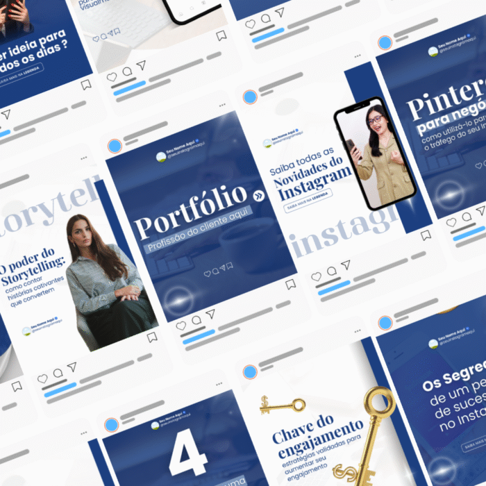 Mockup com diversos posts sobre marketing digital e redes sociais, incluindo temas como storytelling, engajamento, Pinterest e portfólio, feitos com templates editáveis no Canva.