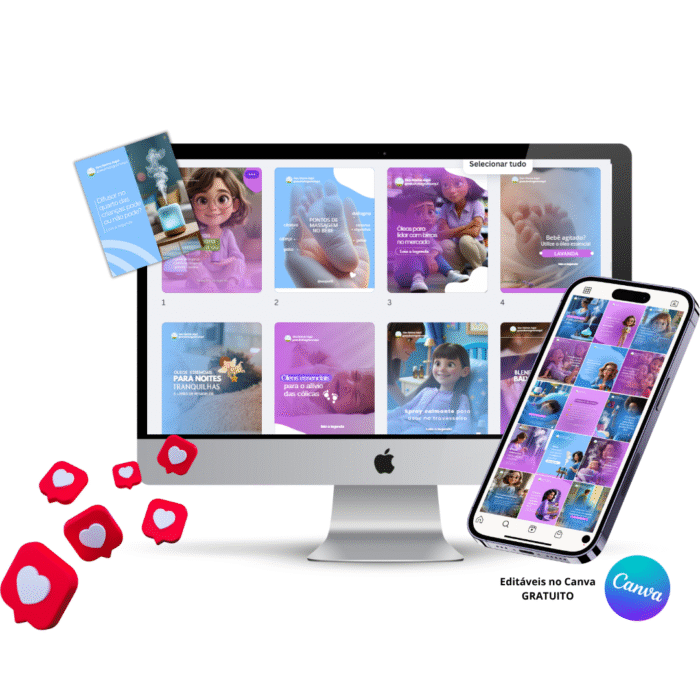 Mockup mostrando pack de templates editáveis no Canva para aromaterapia infantil, com posts sobre óleos essenciais, sono tranquilo e bem-estar.