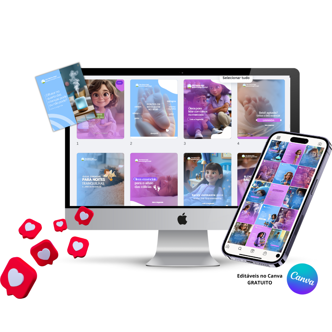 Mockup mostrando pack de templates editáveis no Canva para aromaterapia infantil, com posts sobre óleos essenciais, sono tranquilo e bem-estar.