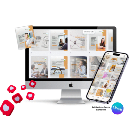 Mockup de computador e celular mostrando pack de templates editáveis no Canva para coach de transição de carreira, com posts prontos para redes sociais.