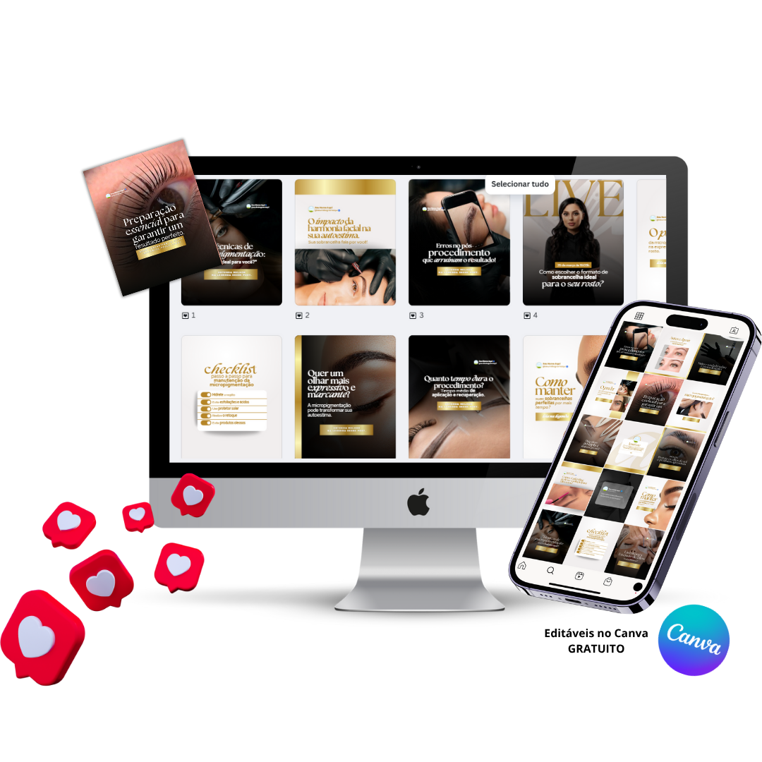 Mockup de templates editáveis no Canva para designer de sobrancelhas e extensão de cílios, com posts prontos sobre procedimentos, cuidados e beleza.