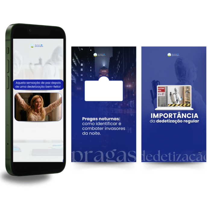 Templates editáveis no Canva para empresa de dedetização, com artes sobre importância da dedetização regular, pragas noturnas e prevenção.