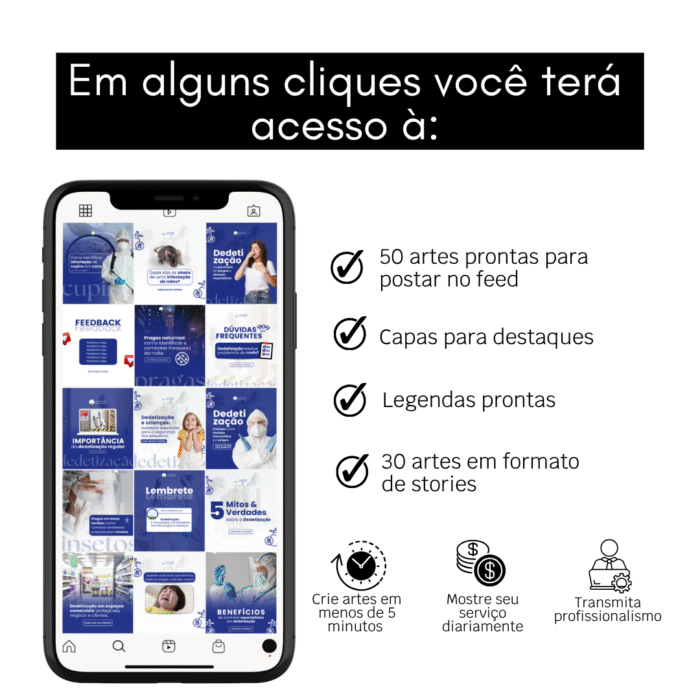 Pack de templates editáveis no Canva para empresa de dedetização, com 50 artes para feed, 30 para stories, capas de destaques e legendas prontas.