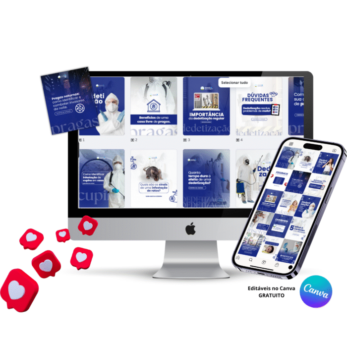 Mockup de templates editáveis no Canva para empresa de dedetização, com posts prontos sobre pragas, cupins, importância da higienização e controle de infestação.