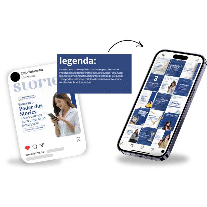 Mockup com post sobre o poder dos Stories no Instagram e celular mostrando feed com templates azuis de social media feitos no Canva.