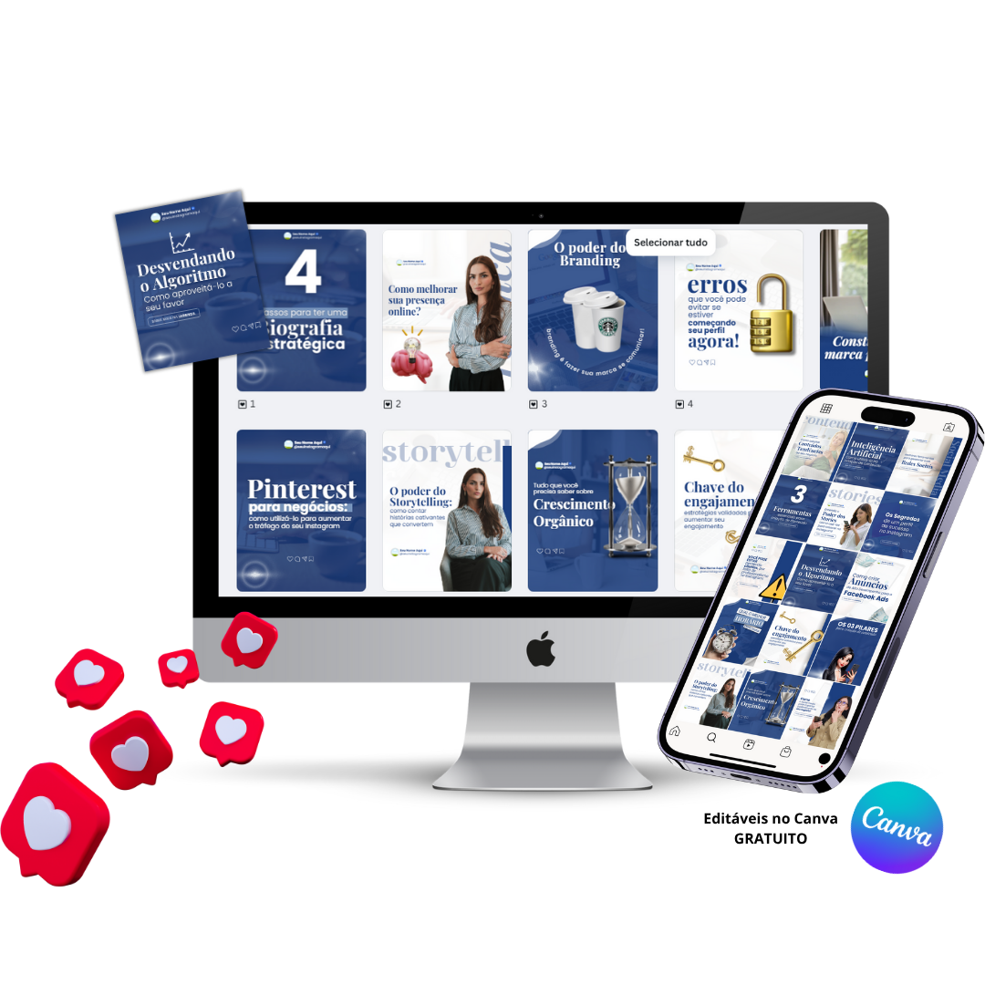 Mockup de templates editáveis no Canva para social media, com posts sobre algoritmo, branding, storytelling, Pinterest e crescimento orgânico.